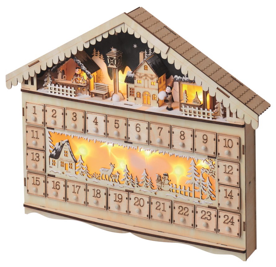 Adventní kalendář dřevěný 50 x 40 cm, 10 LED teplá bílá + časovač (11387)