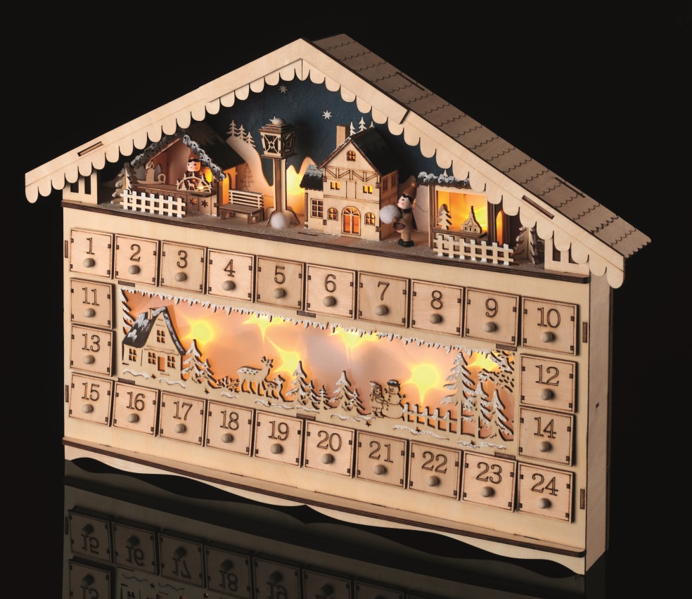 Adventní kalendář dřevěný 50 x 40 cm, 10 LED teplá bílá + časovač (11387)