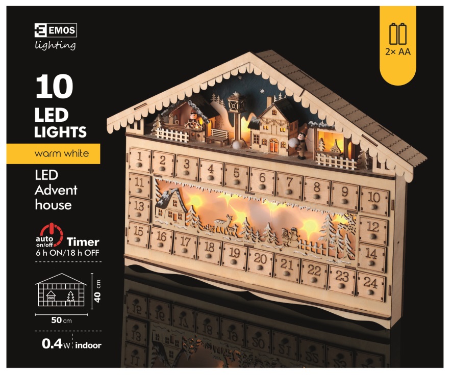 Adventní kalendář dřevěný 50 x 40 cm, 10 LED teplá bílá + časovač (11387)
