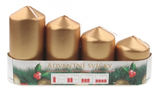 Adventní svíce válec zlatá LAK, postupka 50, 75, 90, 105 x 60 mm, 4 ks (14372)