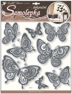 Samolepky na stěnu motýli se zrcadlovým efektem a černou glitrovou konturou 30,5x30,5cm