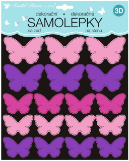 Samolepky na stěnu 3D růžovofialoví motýli 2 archy 35 ks 25x16 cm+25x25cm (10277)