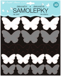 Samolepky na stěnu 3D černostříbrní motýli 2 archy 35 ks 25x16 cm+25x25cm
