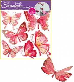 Samolepky na stěnu motýli růžoví s pohyblivými křídly 30,5x30,5cm
